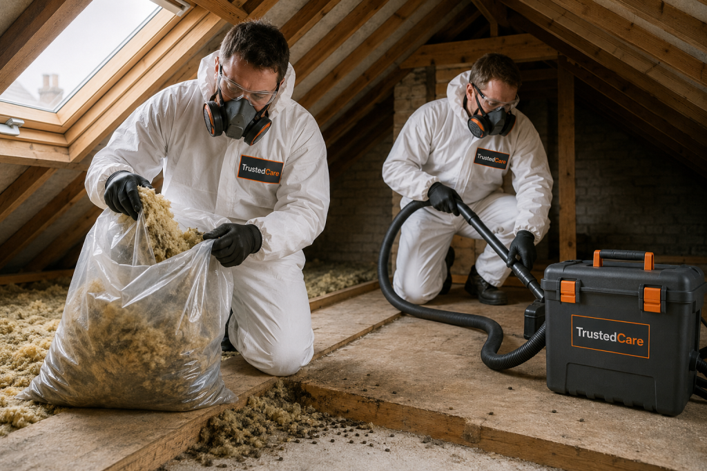 TrustedCare technicians cleaning rodent contamination from a UK loft