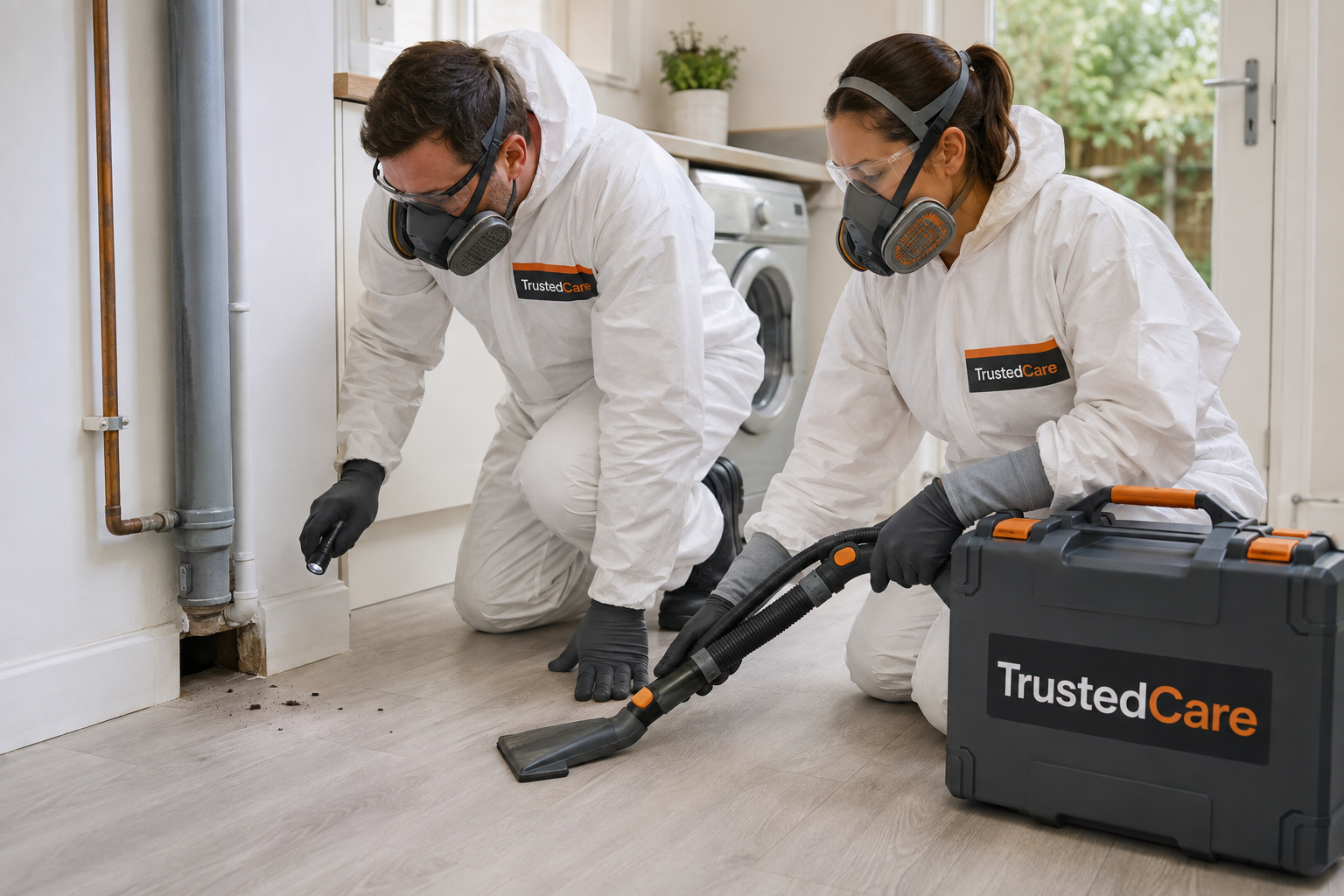 TrustedCare technicians carrying out rodent biohazard cleaning in a UK property