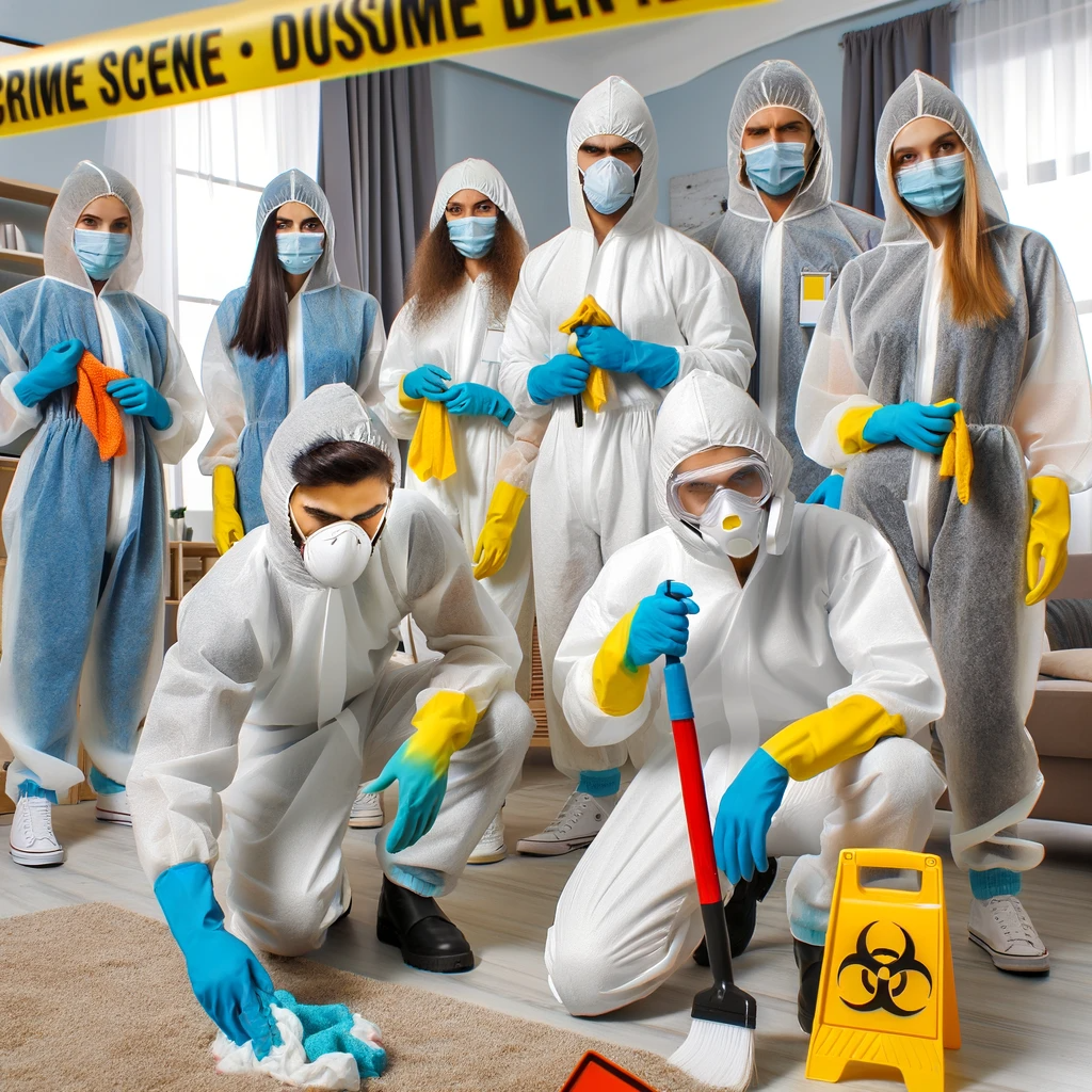 After death cleaning team carrying out professional biohazard remediation inside a UK property