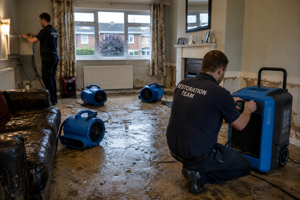 restoration team setting up the drying machines after a flood
