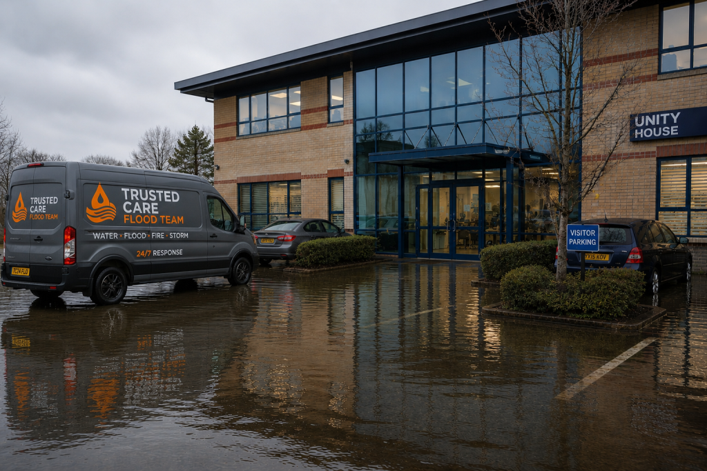 Emergency flood response team attending a flooded commercial property