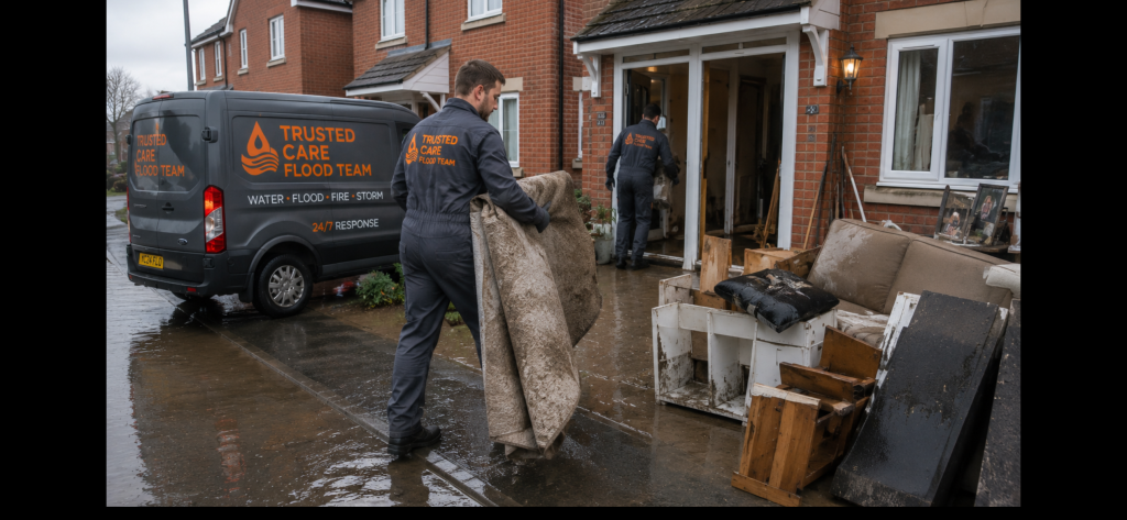 Two technicians clearing out flood damaged property