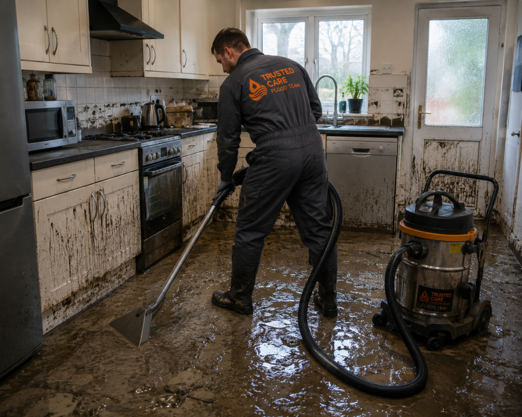 Flood Cleaning in a kitchen after a sewage burst