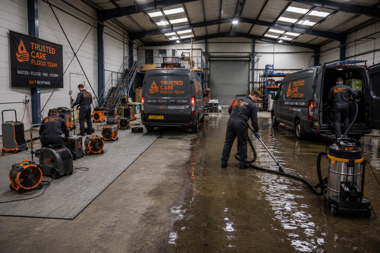 TrustedCare flood-damage training involving professional extraction and drying equipment