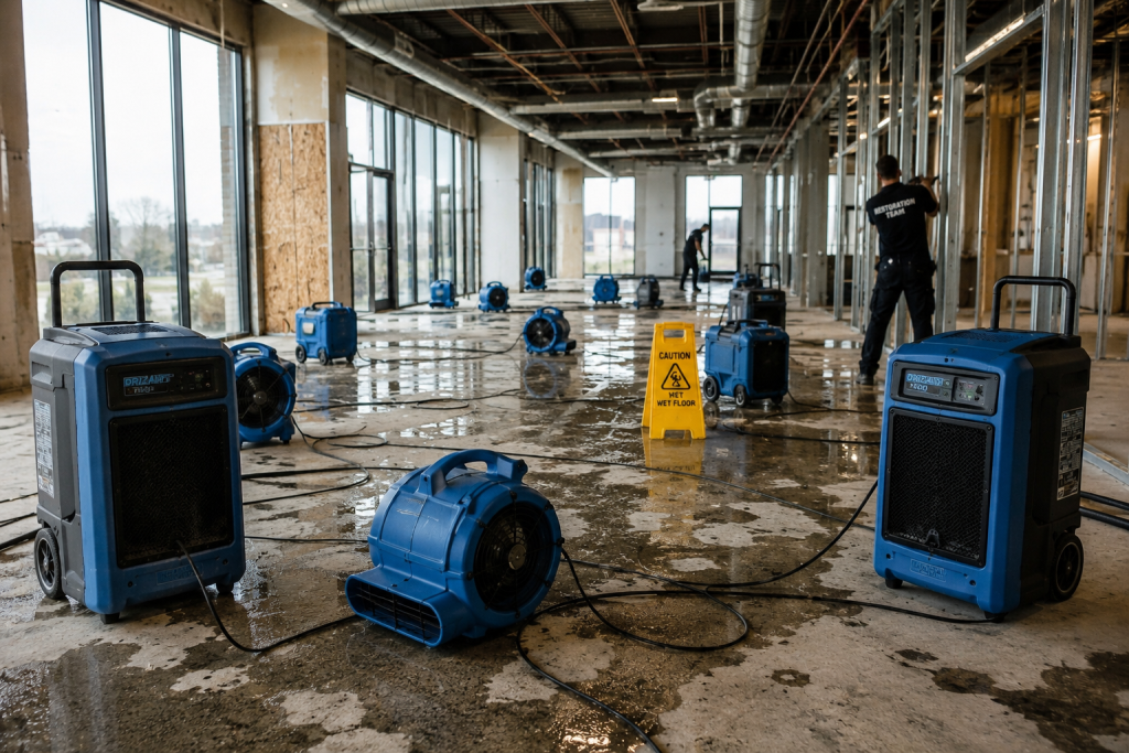 Office building being set up with drying equipment after flood