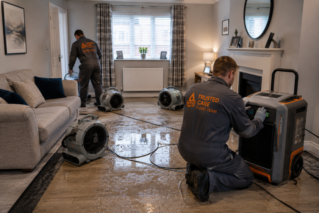 Flooded room in house being set up with drying equipment