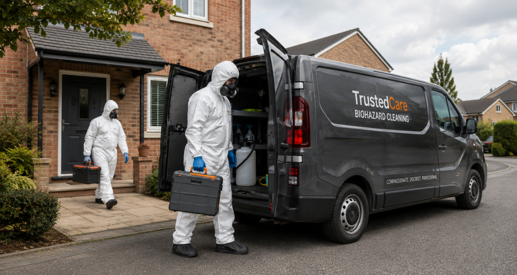 after death cleaning team packing the van after a biohazard cleaning