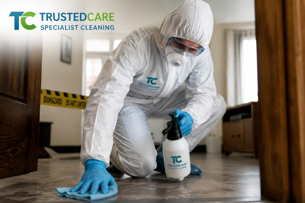 After death cleaning specialists in Birmingham carrying out professional biohazard cleaning inside a residential property