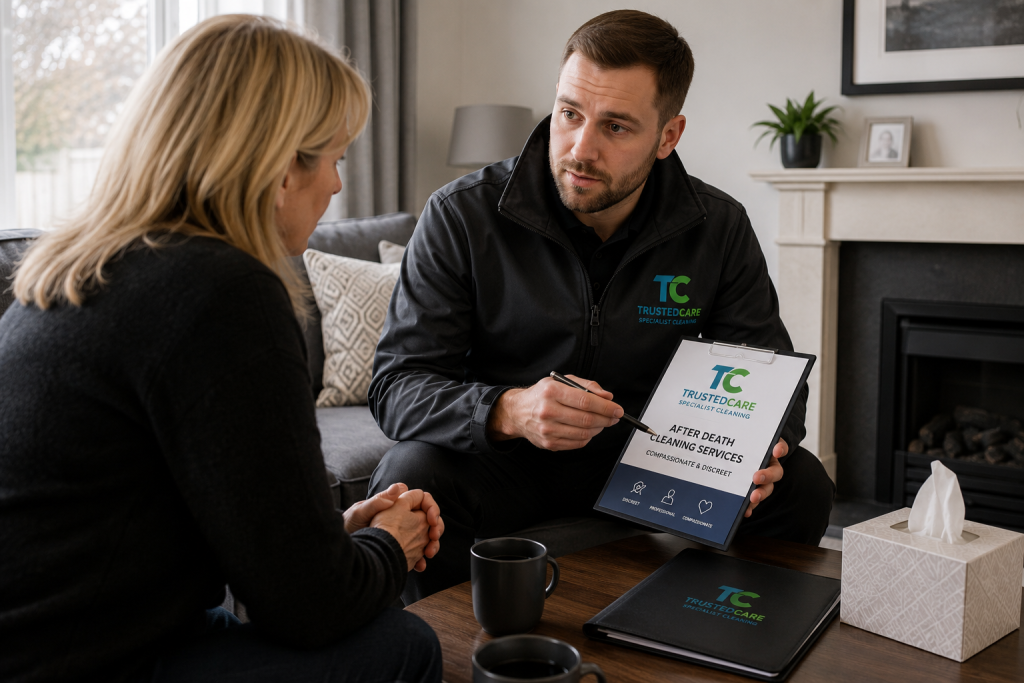 TrustedCare specialist discussing after death cleaning services with a Birmingham client in a private home