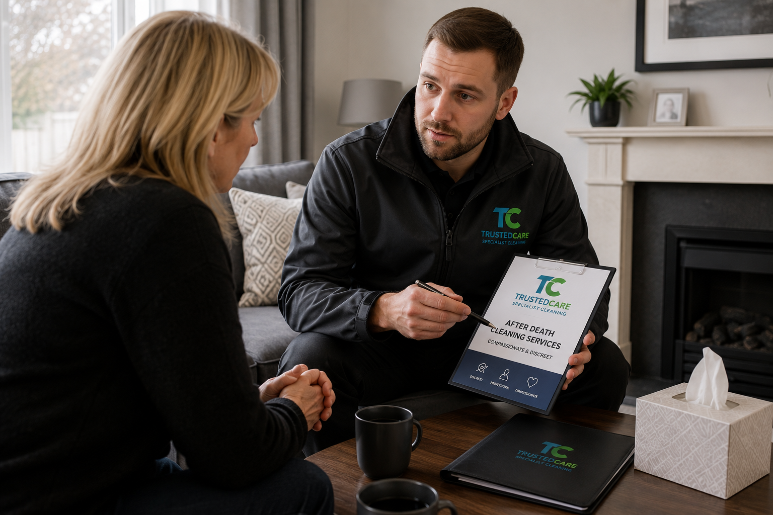 TrustedCare specialist discussing an after death cleaning assessment with a client