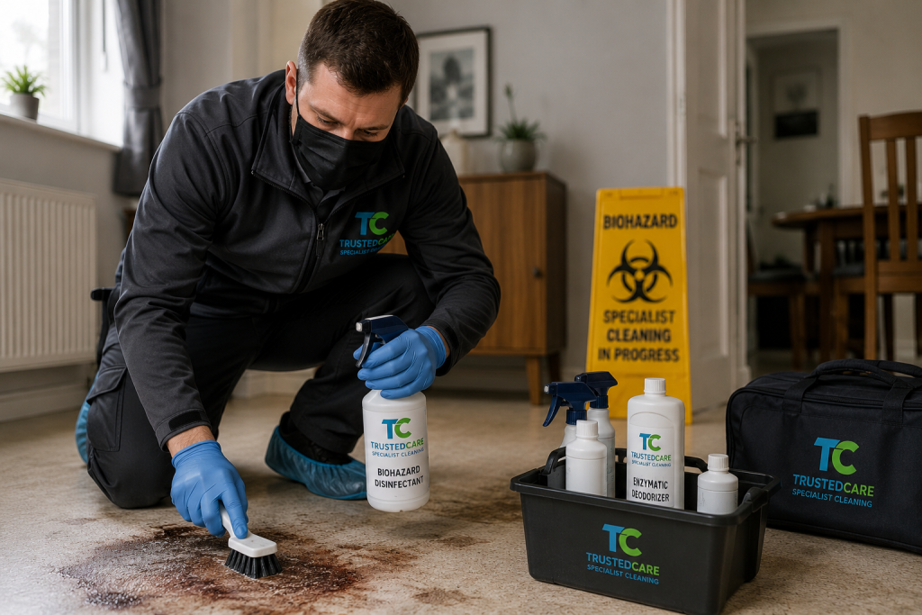TrustedCare specialist carrying out professional after death biohazard cleaning inside a Birmingham property