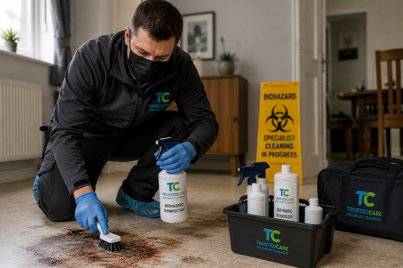 TrustedCare specialist assessing biological contamination inside a property