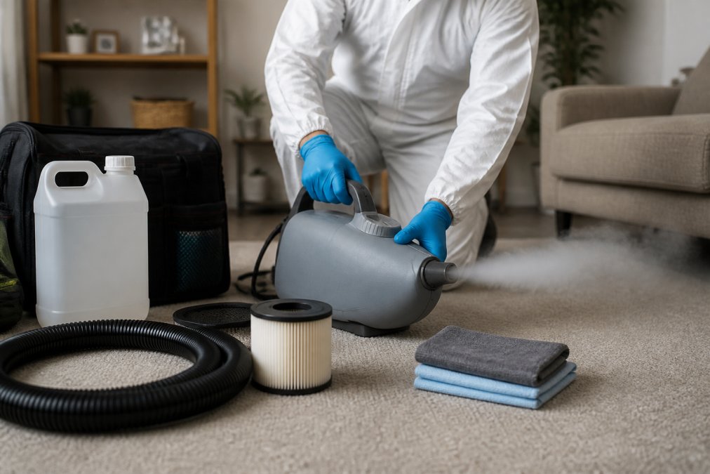 Professional odour-removal equipment being prepared inside a residential property