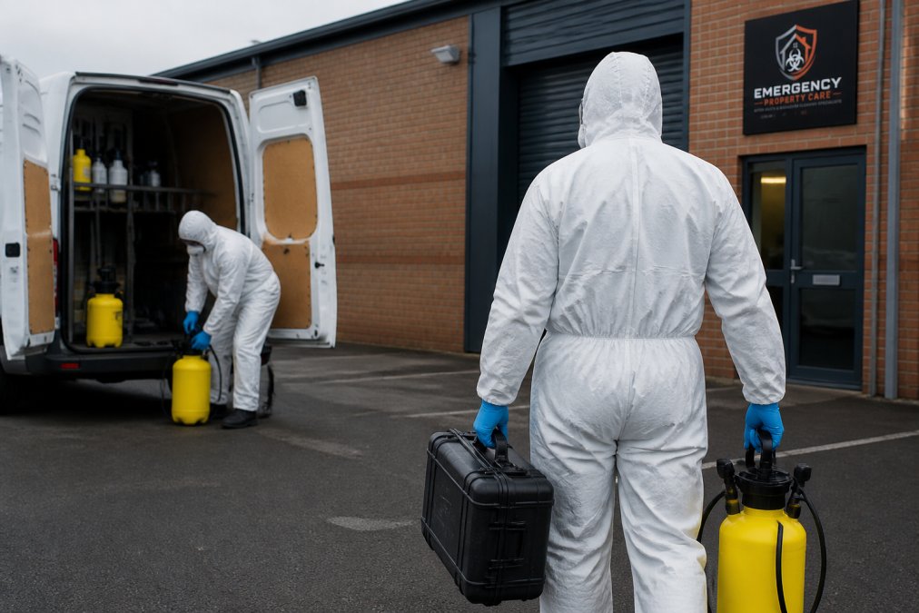 Specialist commercial biohazard technicians preparing equipment before attending business premises