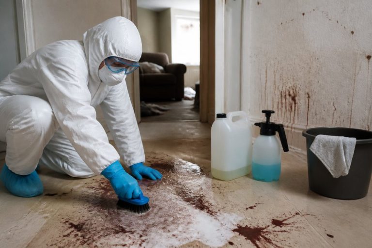 Specialist cleaning technician assessing a contaminated residential room
